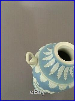 Antique Wedgwood White On Pale Blue Dip Jasper Twin Rams Handle Cherub Vase
