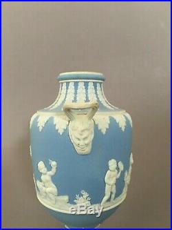 Antique Wedgwood White On Pale Blue Dip Jasper Twin Rams Handle Cherub Vase