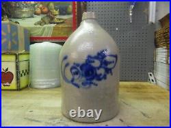 Antique West Troy Pottery Stoneware 3 Gallon Jug With Cobalt Decoration