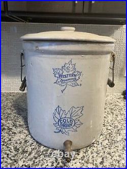Antique Western Stoneware Co Pottery Crock Lemonade Drink With Lid 6 Gallon
