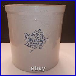 Antique Western Stoneware Crock 3 Gallon Blue Maple Leaf Snake Plant Design