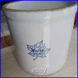 Antique Western Stoneware Crock, 4 Gallon, Blue Maple Leaf / Fern Design