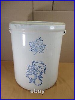 Antique Western Stoneware Pottery 8 Gallon Crock BLUE LEAFY FRUIT Stamp -MINTY