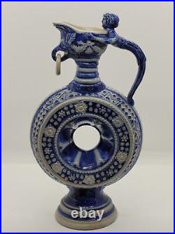 Antique Westerwald German RING JUG stoneware blue grey salt glazed pottery