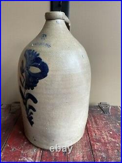Antique Whites Utica NY Salt Glazed Blue Cobalt Flower 2 Gal Stoneware Jug