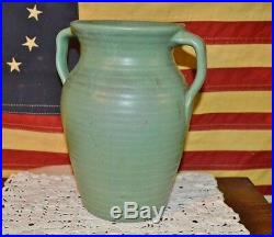 Antique Zanesville Stoneware Co Ringed Green 2 Handle Vase #523 Arts & Crafts