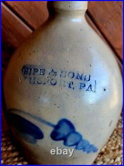 Antique c. 1875 Sipe & Sons Williamsport PA Blue Decorated Stoneware Jug 11