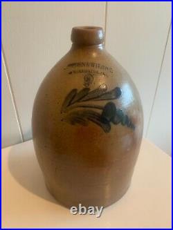 Antique cowden & Wilcox 2 gallon stoneware jug bellflower cobalt decoration