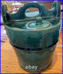 Antique green teapot stoneware pottery Shiwan. Signed on bottom see photo
