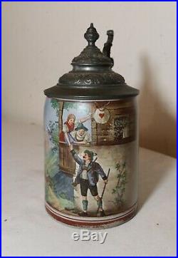 Antique hand painted German pottery stoneware pewter lidded beer stein mug