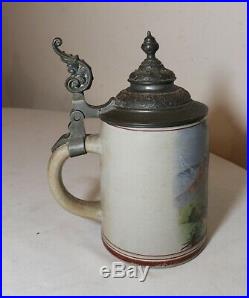Antique hand painted German pottery stoneware pewter lidded beer stein mug