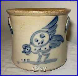 Antique handmade parrot on plum stoneware crock pottery jug with handle