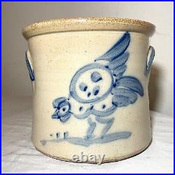 Antique handmade parrot on plum stoneware crock pottery jug with handle