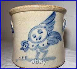 Antique handmade parrot on plum stoneware crock pottery jug with handle