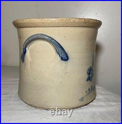 Antique handmade parrot on plum stoneware crock pottery jug with handle