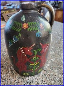 Antique pennsylvania Dutch Stoneware Jug, Folk Art. Hand Painted