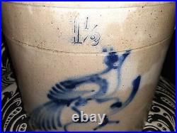 Antique salt glazed Stoneware Crock Bluebird on branch Decorated Fort Edward NY