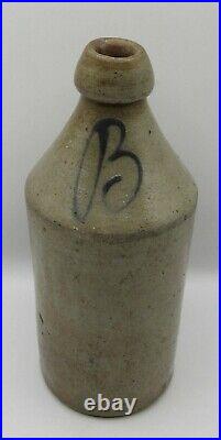 Antique stoneware pottery bottle/jug cobalt blue letter B decoration 9.5 x 4