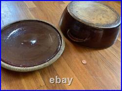 Antique stoneware pottery brown blue CASSEROLE red ware wing vtg jar pot bowl