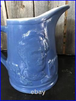 Beautiful Antique Blue Uhl Pottery Abraham Lincoln Stoneware Pitcher Rare
