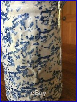 Beautiful Antique Blue & White Spongeware Pitcher Stoneware Embossed Wild Rose