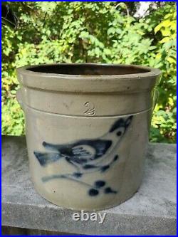 Beautiful Antique primitive Stoneware Cobalt blue Bird Crock 2 gallon