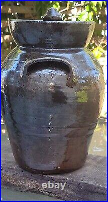 Beautiful Stoneware Storage Jar, Original Lid, Shiny Alkaline Glaze Perfect Cond