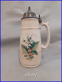 Bennett's Patent Syrup Pitcher WithPewter Lid ca 1873 Antique American Stoneware