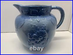 Bulbous Blue & White DAISY Pitcher Stoneware Salt Glaze Pottery 1800's