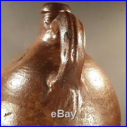 C1790 Colonial American Ocher Glaze Stoneware Ring Neck Ovoid Jug 13+ inch tall