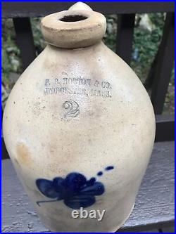 C1860 Antique FB Norton & Co Stoneware 2 Gal Jug Worcester Ma COBOLT Blue RARE