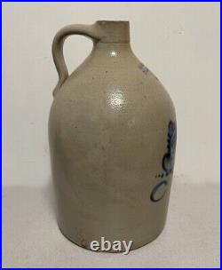 C F Worthen Peabody MA 3 gallon stoneware jug strong cobalt blue flower design