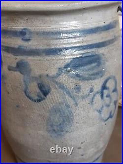 Ca 1830 Antique Stoneware Crock Storage Jar Cobalt Blue Flowers Pot Old Pottery