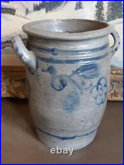 Ca 1830 Antique Stoneware Crock Storage Jar Cobalt Blue Flowers Pot Old Pottery