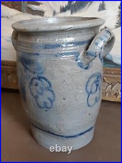 Ca 1830 Antique Stoneware Crock Storage Jar Cobalt Blue Flowers Pot Old Pottery