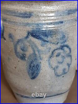 Ca 1830 Antique Stoneware Crock Storage Jar Cobalt Blue Flowers Pot Old Pottery