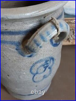 Ca 1830 Antique Stoneware Crock Storage Jar Cobalt Blue Flowers Pot Old Pottery