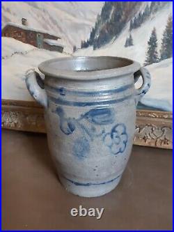 Ca 1830 Antique Stoneware Crock Storage Jar Cobalt Blue Flowers Pot Old Pottery