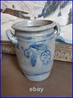 Ca 1830 Antique Stoneware Crock Storage Jar Cobalt Blue Flowers Pot Old Pottery