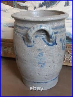 Ca 1830 Antique Stoneware Crock Storage Jar Cobalt Blue Flowers Pot Old Pottery