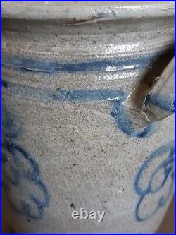 Ca 1830 Antique Stoneware Crock Storage Jar Cobalt Blue Flowers Pot Old Pottery