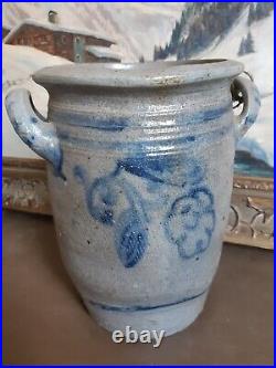 Ca 1830 Antique Stoneware Crock Storage Jar Cobalt Blue Flowers Pot Old Pottery