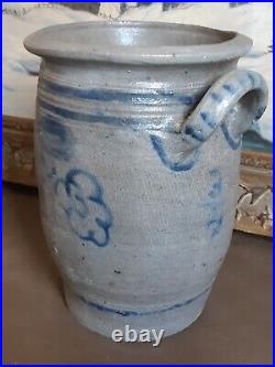 Ca 1830 Antique Stoneware Crock Storage Jar Cobalt Blue Flowers Pot Old Pottery