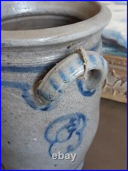 Ca 1830 Antique Stoneware Crock Storage Jar Cobalt Blue Flowers Pot Old Pottery