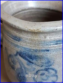 Ca 1830 Antique Stoneware Crock Storage Jar Cobalt Blue Flowers Pot Old Pottery