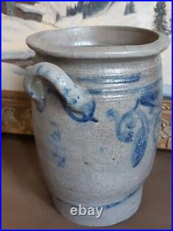 Ca 1830 Antique Stoneware Crock Storage Jar Cobalt Blue Flowers Pot Old Pottery