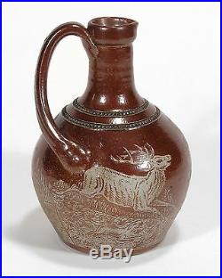 Charles Graham stoneware pottery rare salt glazed acid etched hunting scene jug