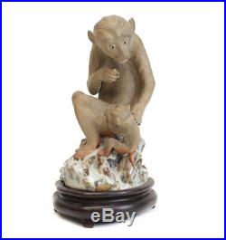 Chinese Shiwan Pottery Stoneware Figurine, Two monkeys, one a baby