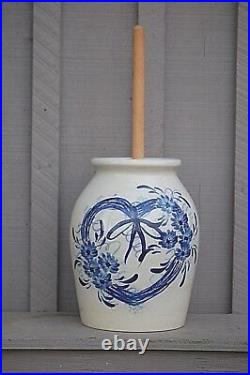 Classic Pottery Work Stoneware Butter Churn Cobalt Blue Heart Marshall TX Signed