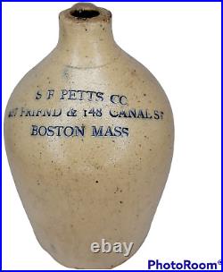 Crock Antique 19th Century Stoneware S. F. Petts Co. Boston Mass. 11.5 Tall x 7